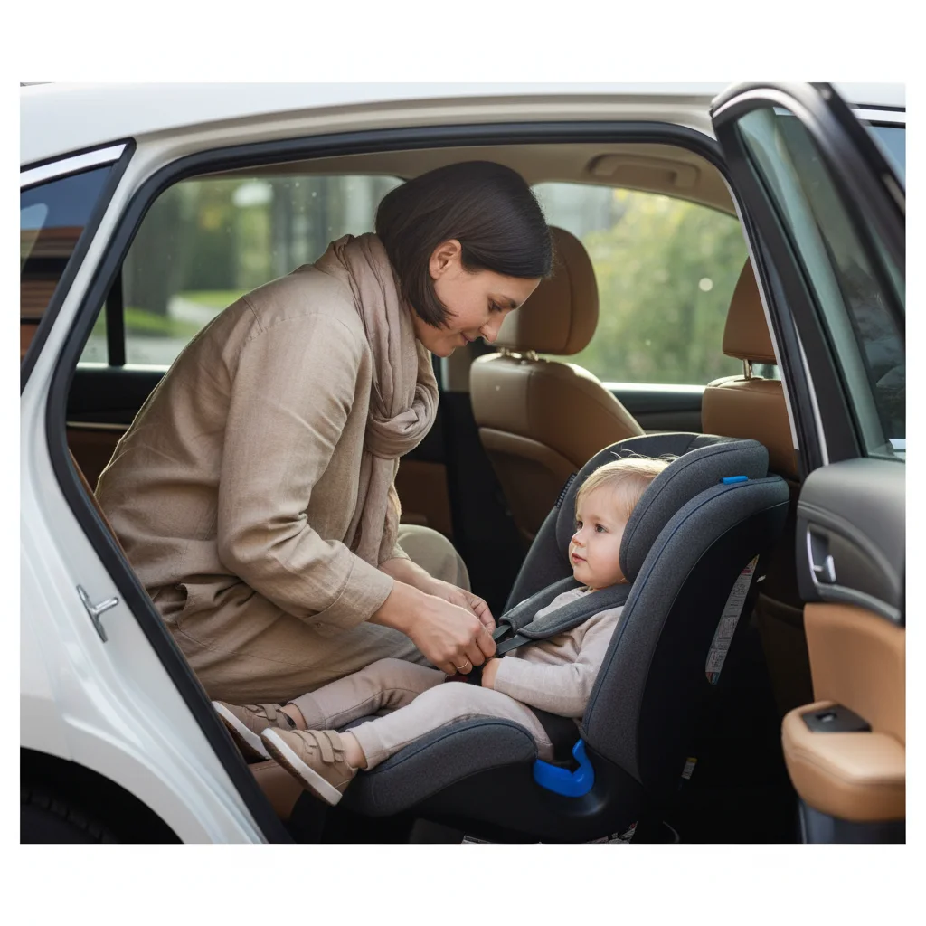 A parent securing a child in a car seat in calm daylight